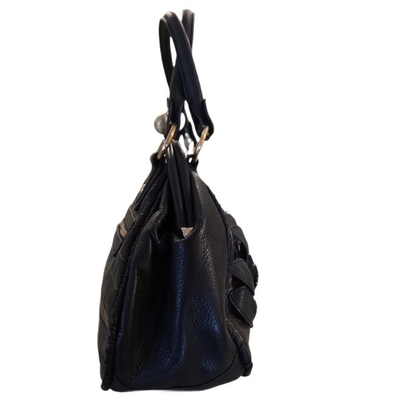 Isabella Fiore Black Leather Kiss-Lock Satchel / Crossbody with 3D Rosettes - Picture 4 of 16